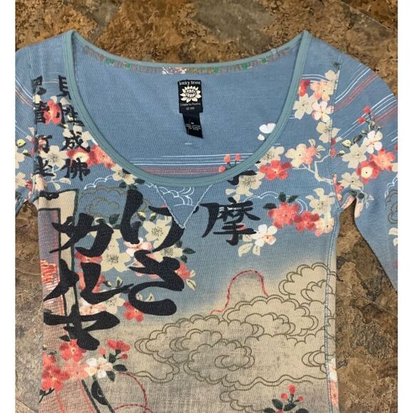 LUCKY BRAND TATTOO Asian PRINT THERMAL WAFFLE WEAVE BOHO SHIRT TOP sz M - Picture 4 of 6